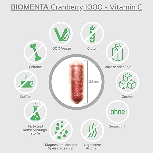BIOMENTA Cranberry 1000 + Vitamin C – mit 1.000 mg Cranberry Extrakt + 500 mg Vitamin C pro Tag – Cranberry hochdosiert… - Image 4