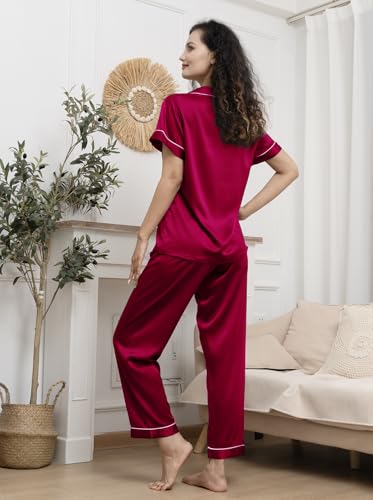 Image of WJing Yi Jia Womens Pajamas Set XS-4XL Floral Silk Satin Pajama Sets Silky Pj Sets 2Pcs Loungewear Sleepwear Button Down Pjs