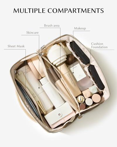 Image of EACHY Travel Makeup Bag, Large Capacity Cosmetic Bag for Women, Waterproof PU Leather, Flat Open Portable Toiletry Bag for Skincare, Brushes & Travel Essentials