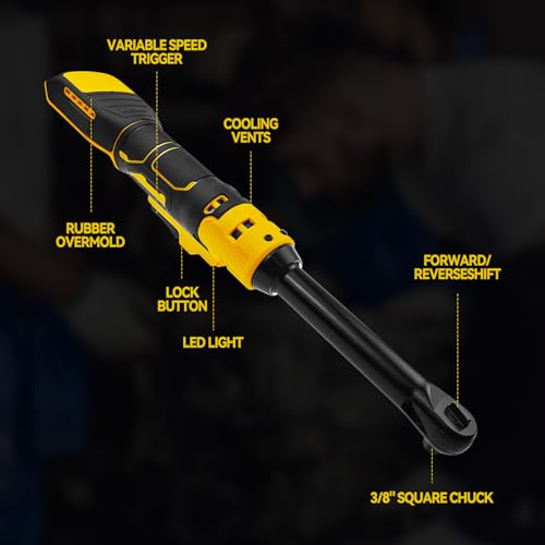 3/8\" Extended Cordless Ratchet Wrench for Dewalt 20V Series Batteries, 600 RPM, 100 N.m Electric Power Ratchet Wrench,Built-in LED Light, Extended 6-inch Long Neck - Thumbnail 7