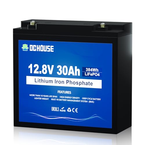 DCHOUSE 12V 30AH LiFePO4 Batería de Litio, BCI Grupo U1 con 30A BMS, Baja Temp Cut-Off, 4000+Ciclos Profundosde Peces, Motor de Curricán, Scooters para Niños, Silla de Ruedas Eléctrica, Barco