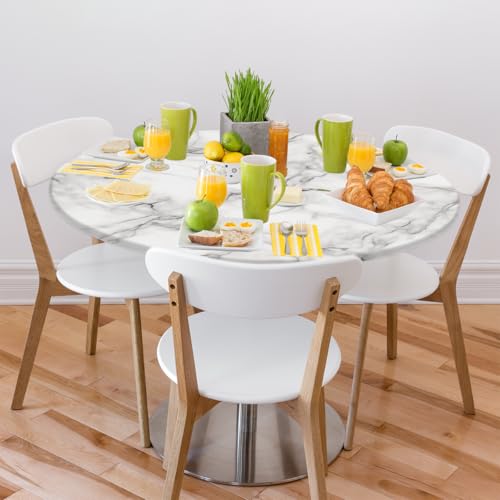 Marble Pattern Round Table Cover, Fashionable and Versatile Round Elastic Tablecloth, Elegant Waterproof Stretch Tablecloth for 36"-42" Round Tables for Dinner, Living Room, Outdoor, Picnic, Cafe by HUXINO - Used condition - Image 6
