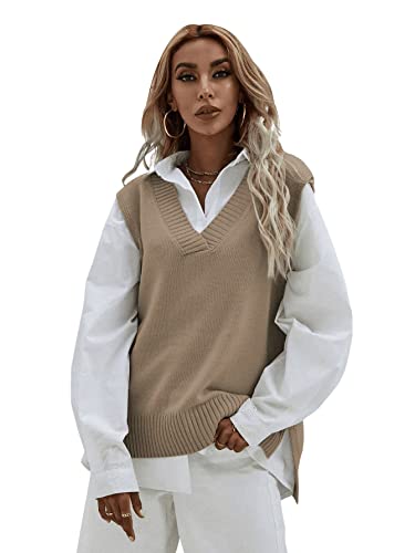 SweatyRocks Women's Sleeveless V Neck Ribbed Knit Split Pullover Sweater Vest Khaki L