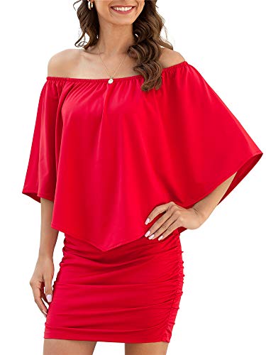 Yincro Women Off The Shoulder Ruffle Bodycon Club Party Mini Dress (Red, Large)