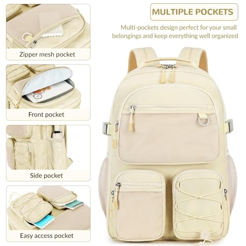 Image of Lohol Water Resistant Backpack with Mulitiple Pockets for School Travel Outdoor College, 15.6 inch Laptop Bookbag for Girls and Women (Beige)