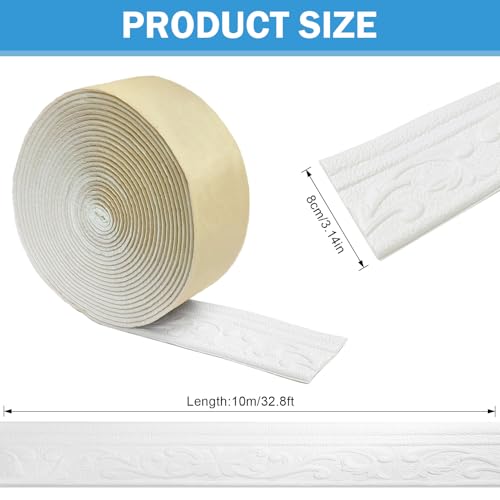 Chingcoo Bordüre Selbstklebend,10m x 8cm x 5 mm Weiß Tapetenbordüre Selbstklebend, Wasserdicht Bordüre 3D, Fliesen Roll Border Trims für Ecken Linien Decken Dekoration