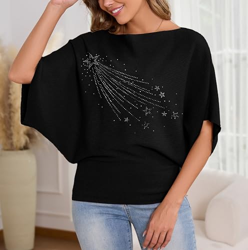 Image of MAKARTHY Womens Batwing Sleeves Knitted Dolman Pullovers Boat Neck Tops Sweatershirts