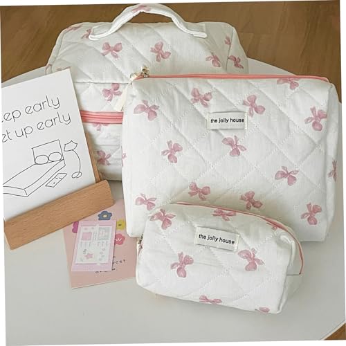Bolsa de maquillaje acolchada de gran capacidad con lazo para organizar cosméticos con estilo 4