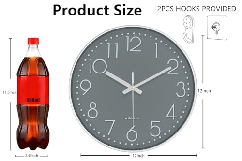 Image of Modern Silent Wall Clock - 12 Inch Wall Clocks Battery Operated Large Number, Non-Ticking Analog Clock with Tempered Glass Quartz Clocks for Living Room Bedroom Office Kitchen, Grey
