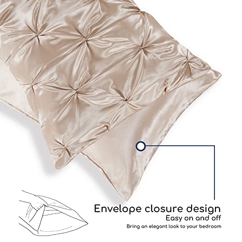 MR&HM Satin Comforter Twin XL 5 Pieces - Luxurious Pinch Pleat Bedding Set with Comforter, Flat Sheet, Fitted Sheet, Pillowcase & Sham, Super Silky Soft Bed Set for All Season (Twin XL, Champagne)