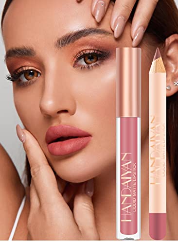 Easilydays Matte Lip Liner Pen And Velvet Lipstick Set, 12 Colors Lip Stain Long Lasting Waterproof, Non-Drying, Non Fading, Non-Stick Cup Lip Gloss High Pigment Red Peach Pink Apricot Amber Lip Gloss For Women Girls Lip Makeup (#08) #TOP1