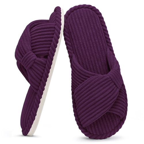 Image of Evshine Summer House Slippers for Women Corduroy Cross Bow Indoor Slippers Open Toe Slip On Bedroom Shoes with Memory Foam
