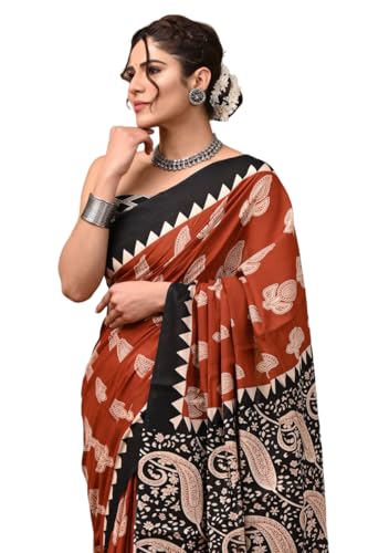 Image of Crafts Moda Hand Block Ajrakh Print Cotton Saree for women with Blouse | Soft comfortable wear sari