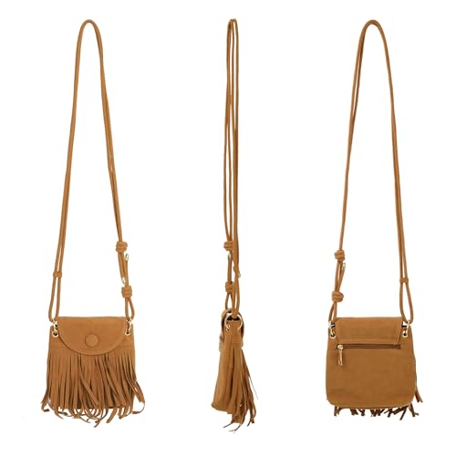 Image of Women Leather Fringe Messenger Bag Mini Hobo Crossbody Tassel Shoulder Bags