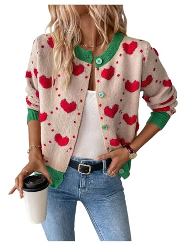 GORGLITTER Women's Heart Long Sleeve Button Down Cardigan Sweater Fall Trendy Dressy Color Block Knit Short Cardigans Multicolor Medium