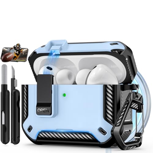 Image of for AirPods Pro 3 Case with Lock & Phone Stand(Light Blue) | Automatic Snap Switch Lock,Carbon Fiber Texture Design Cover with Cleaner Kit,Compatible with MagSafe