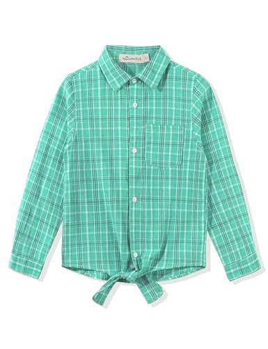 Image of Noomelfish Girls Long Sleeve Plaid Button Down Shirt Tie Front Blouse Tops, Light Green Plaid, Size 9-10 Years