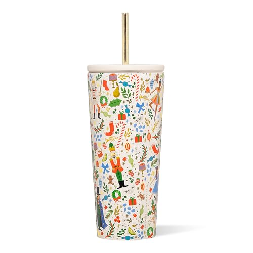 Image of Corkcicle x Rifle Paper Co. Cold Cup Insulated Tumbler with Lid & Straw - Keeps Drinks Cold 12 Hours - Gift for Mom - Great for Mother's Day or Christmas - 24 oz - Nutcracker