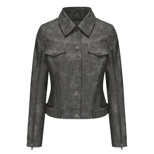 JEKE-DG Women's Fashion Moto Biker Short Coat Lapel Button Down Casual Coat Jacket Slim Fit Solid Faux Leather Coats4