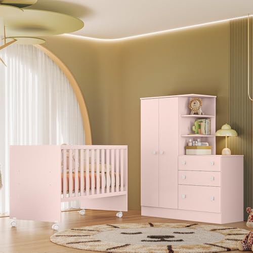 Quarto de Bebê com Berço Reto e Roupeiro Doce Sonho Rosa Qmovi
