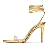 Cape Robbin Women's Lace Up Stiletto Heel Sandals - Pointed Open Toe Clear Strap Ankle Wrap Tie Up High Heels (Moroni) Gold 8.5