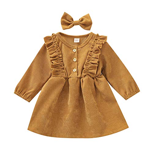 Karuedoo Kids Toddler Baby Girl Corduroy Ruffle Long Sleeve Dress Princess Party Dress Fall Winter Skirt Outfit (A-Yellow, 2-3T)