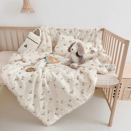 Image of BuLuTu Cute Laurel Design Toddler Quilt Muslin Cotton Comforter Lightweight Soft Nursery Blankets Floral Beige Crib /Toddler Bed Quilted Blanket for Unisex Baby Boys Girls, 47 inchx59 inch