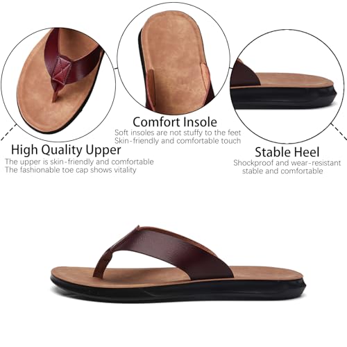 Men's Leather Flat Flip Flops Lightweight Comfortable Open Toe Anti-Slip Soft Platform Slip On Thong Sandals for Summer Casual Walking Beach Slides3