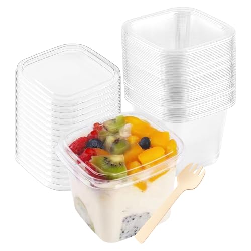 XIAQICA 50 Pcs Vasos de postre con tapa + 50 Pcs Cuchara 14oz/400ml Cuencos de Postre Transparentes Tazas Postre Reutilizable Juego Vasitos Aperitivos para Pudín Mousse Cuadradas Gran Capacidad