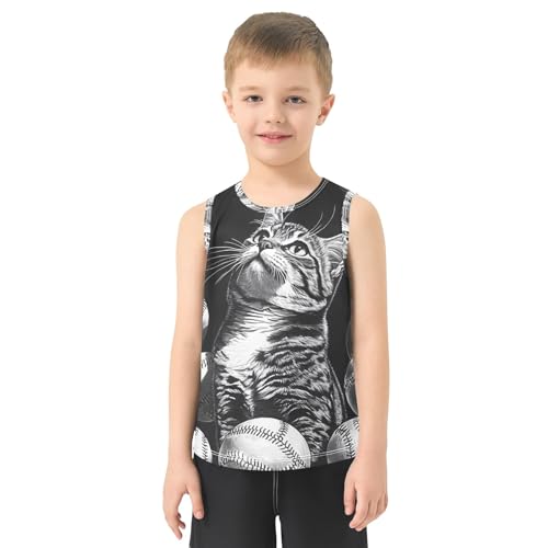 Boys' Tank Top Shirt Baseball Cat with Black Background Sleeveless T-Shirts2