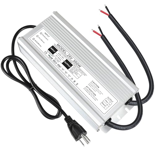 Image of LightingWill LED Driver 350 Watts Waterproof IP67 Power Supply Transformer, 90V-140V AC to 24V DC Low Voltage Output, Adapter with 3-Prong Plug 3.3 Feet Cable for LED Strip Lights, Outdoor Use