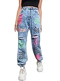 MakeMeChic Women's Letter Graffiti Jogger Jeans Ripped Distressed Denim Pants Blue S