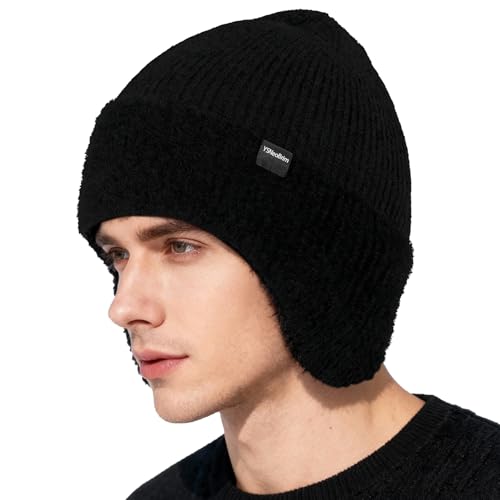 YSNeoBrim Winter Fleece Line Beanie with Earflap for Men Women Outdoor Warm Thermal Knitted Hat Stocking Caps (US Alpha One Size YS-ER-Black)