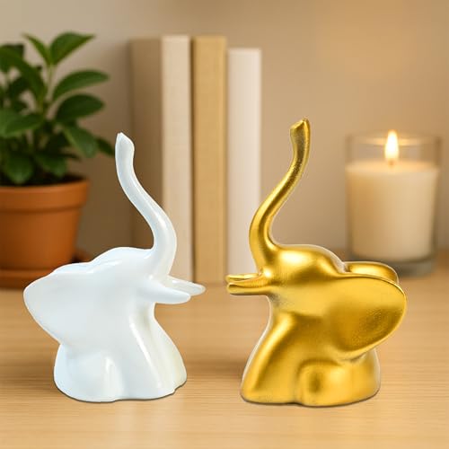 Image of ZAICUS Home Decor Elephant Showpiece Set of 2 | Golden & White Modern Minimalist Elephant Figurines | Tabletop Decor for Living Room, Office Desk & Gifting