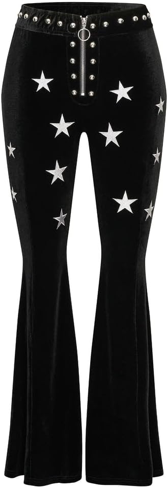 Pretty Attitude Women's Star Velvet Bell Bottoms Studded Velvet Flare Pants