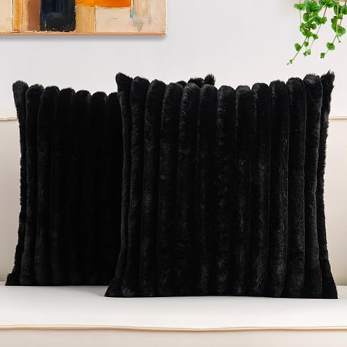 Aegero Pack of 2 Faux Fur Christmas Throw Pillow Covers 18x18 Inch Soft Plush Striped Neutral Couch Pillow Cover with Velvet Back Modern Home Decor for Sofa Living Room Couch Bed Black