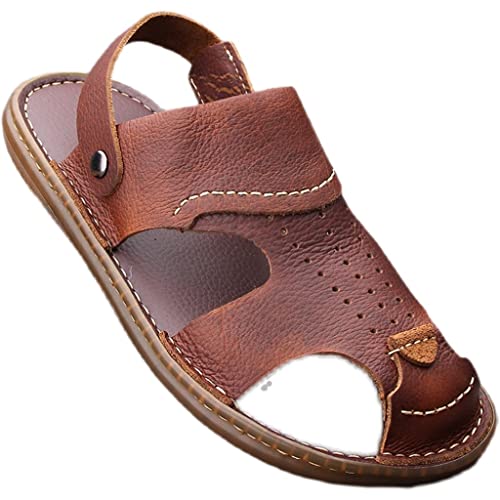 Men Sandals Classic Comfortable Man Shoes Beach Slippers Male Cow Leather Casual Shoes(White-Patch Five-Pointed star4,38 Code)