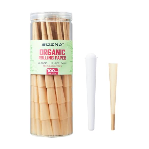 Bozna Pre-Rolled Cones Organic Rolling Papers with Tips - Slow Burn Sturdy Natural Gum Seal Ultra Thin with Plastic Cone. 100ct 1 1/4 Size in Popular Colors (1 1/4 Size)