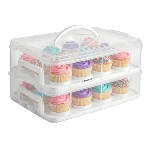 VonShef Cupcake Carrier with Handle Two Tier Stackable Cup Cake Box 24 Muffin Cake Carrier with Airtight Snap Lid Clear Plastic Baked Goods Container