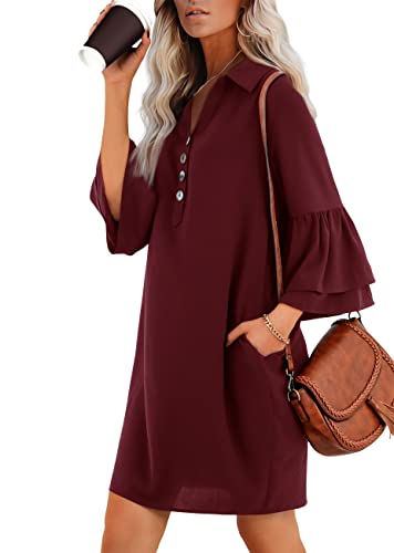 Amoretu Women's Casual Dresses 3/4 Flounce Sleeves Work Shirt Dress, Burgundy S #TOP2