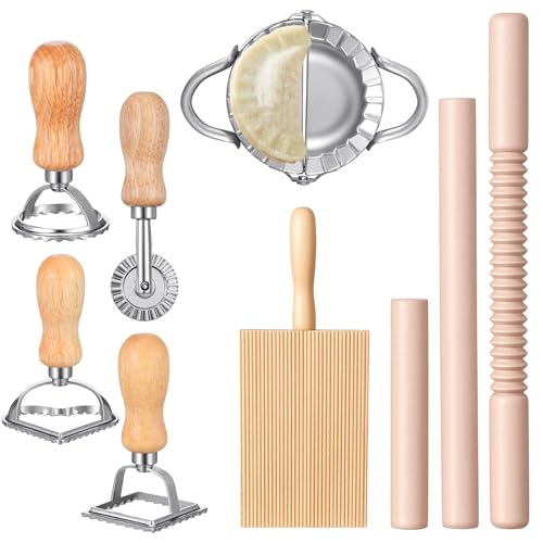Ckhoid 9 Pcs Gnocchi Pasta Making Tools Kit with Wood Gnocchi Board, Pasta Cutter, Ravioli Stamp, Wood Threaded Pasta Roller Pin Set, Homemade Pasta Maker Dumplings Kitchen Gift for Pasta Lovers
