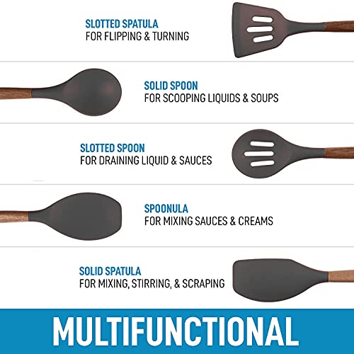 Image of Non-Stick Silicone Cooking Utensils Set with Natural Acacia Hard Wood Handle, High Heat Resistant Grey Pack of 5