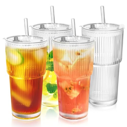 YupURStyle Premium Thick Glass Cups Set of 4 with Lids & Straws, 20oz Leak-Proof Vintage Tumblers for Bubble Tea Iced Coffee, BPA-Free Ribbed Drinking Glassware (20oz Ribbed 4Packs)