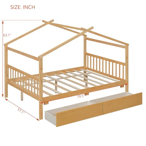 Image of Full Size House Platform Bed with Roof and 2 Drawers, Solid Wood House Daybed Frame with Headboard and Slat Support for Kids Teens Girls Boys Bedroom, Can Be Decorated (Natural-03, Full)