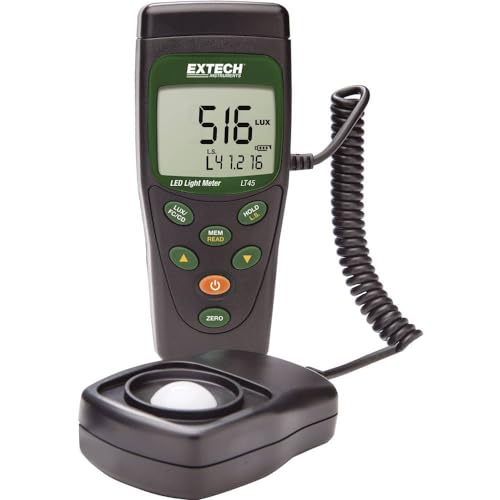Image of Extech LT45 Color LED Light Meter, Lux and Foot Candle, 400000 Lux | White and color LED (R /Y /G /B /purple), to 400000 lux, stores 99, coiled cable to 1.5m, 9V, hard case