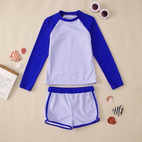 Image of GLIGLITTR Girls Rash Guard Swimsuit Set Long Sleeve Two Pieces Stripe Bathing Suits Kids Summer Beach Swimwear 7-12 Years