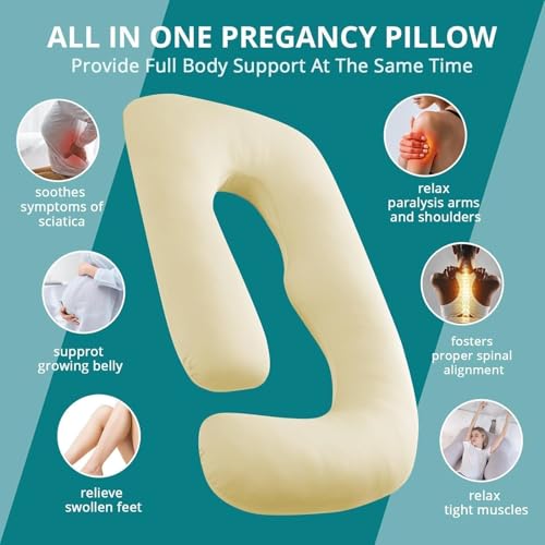Image of Cooling Pregnancy Pillows for Sleeping, 65'' Full Body Pillow, Light Yellow | Sasttie Maternity Pillow, OEKO-TEX, Down Alternative, Removable Cover, Pregnant Women Must Haves, Maternity Essential