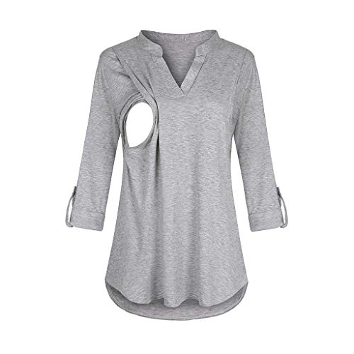 Mujer Top Camiseta Premamá Lactancia De Manga Larga Tops de Enfermería Camisas de Maternidad para Mujeres Ropa de Lactancia Materna (Gris, S)