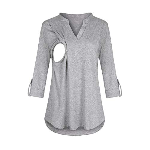 Mujer Top Camiseta Premamá Lactancia De Manga Larga Tops de Enfermería Camisas de Maternidad para Mujeres Ropa de Lactancia Materna (Gris, L)