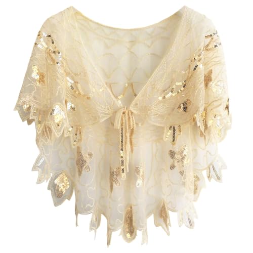 1920s Shawl Wraps Sequin Beaded Evening Cape for Women Embroidered Floral Pattern Flapper Cover Up Bridal Shawl